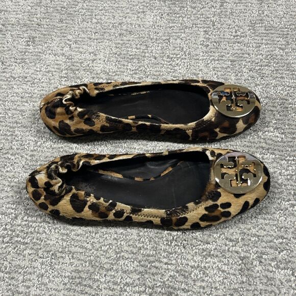 Tory Burch Reva Ballet Flats Womens 7 Shoes Black Brown Calf Hair Leopard - Picture 1 of 8